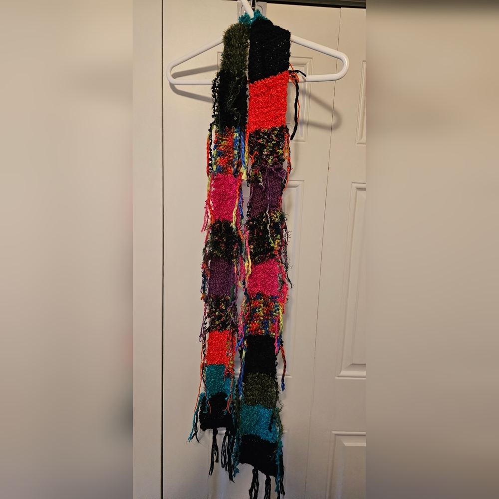 Steve Madden patchwork multi color knit scarf with fringe acrylic/polyester/...